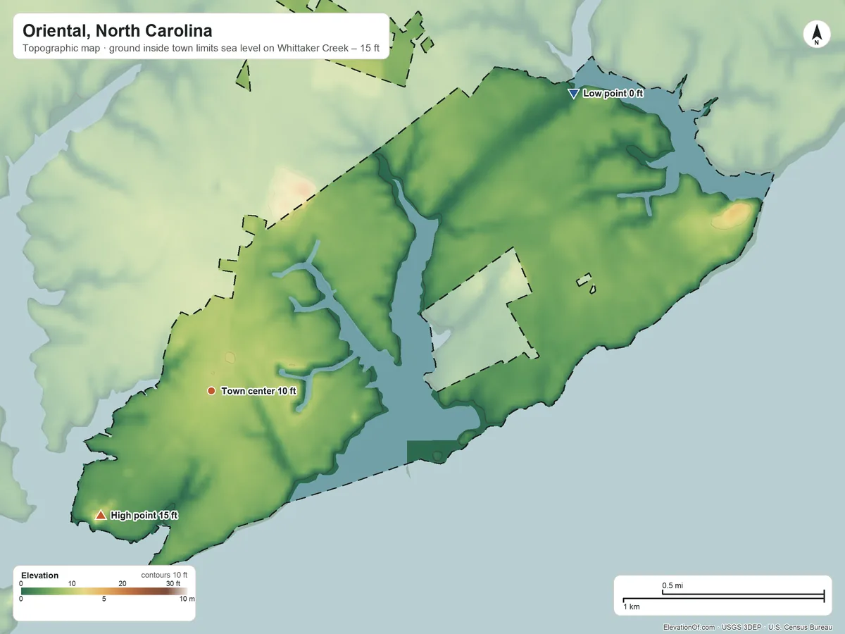 Topographic elevation map of Oriental, North Carolina, shaded from sea level level on Whittaker Creek to 15 ft on the southwest side