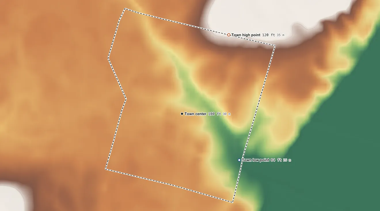 Topographic elevation map of Orrum, North Carolina, shaded from 84 ft on the southeast side to 120 ft on the northeast side