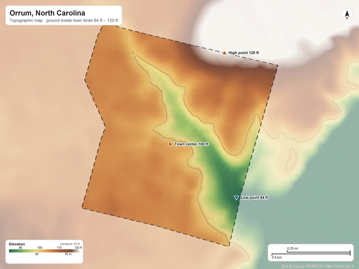 Topographic elevation map of Orrum, North Carolina, shaded from 84 ft on the southeast side to 120 ft on the northeast side