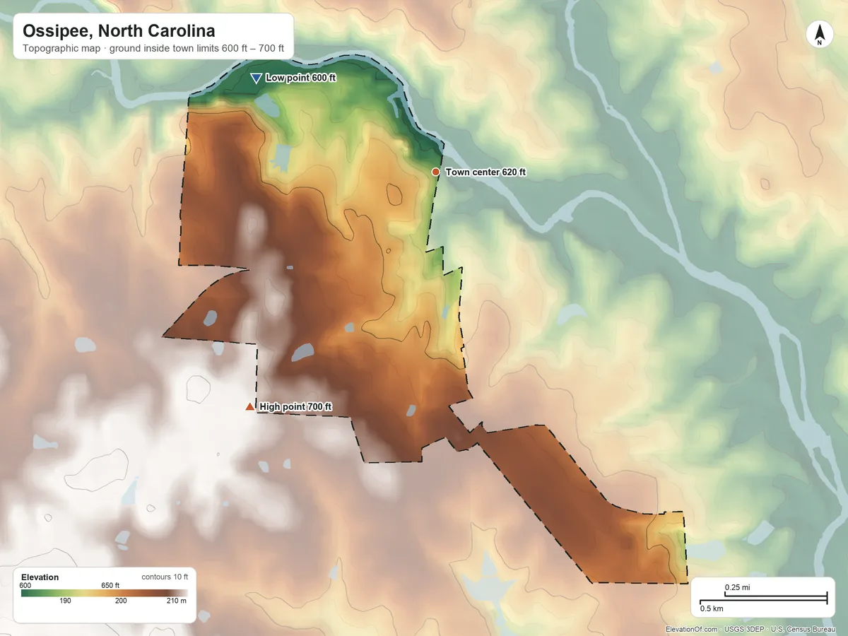 Topographic elevation map of Ossipee, North Carolina, shaded from 600 ft on the northwest side to 700 ft on the southwest side