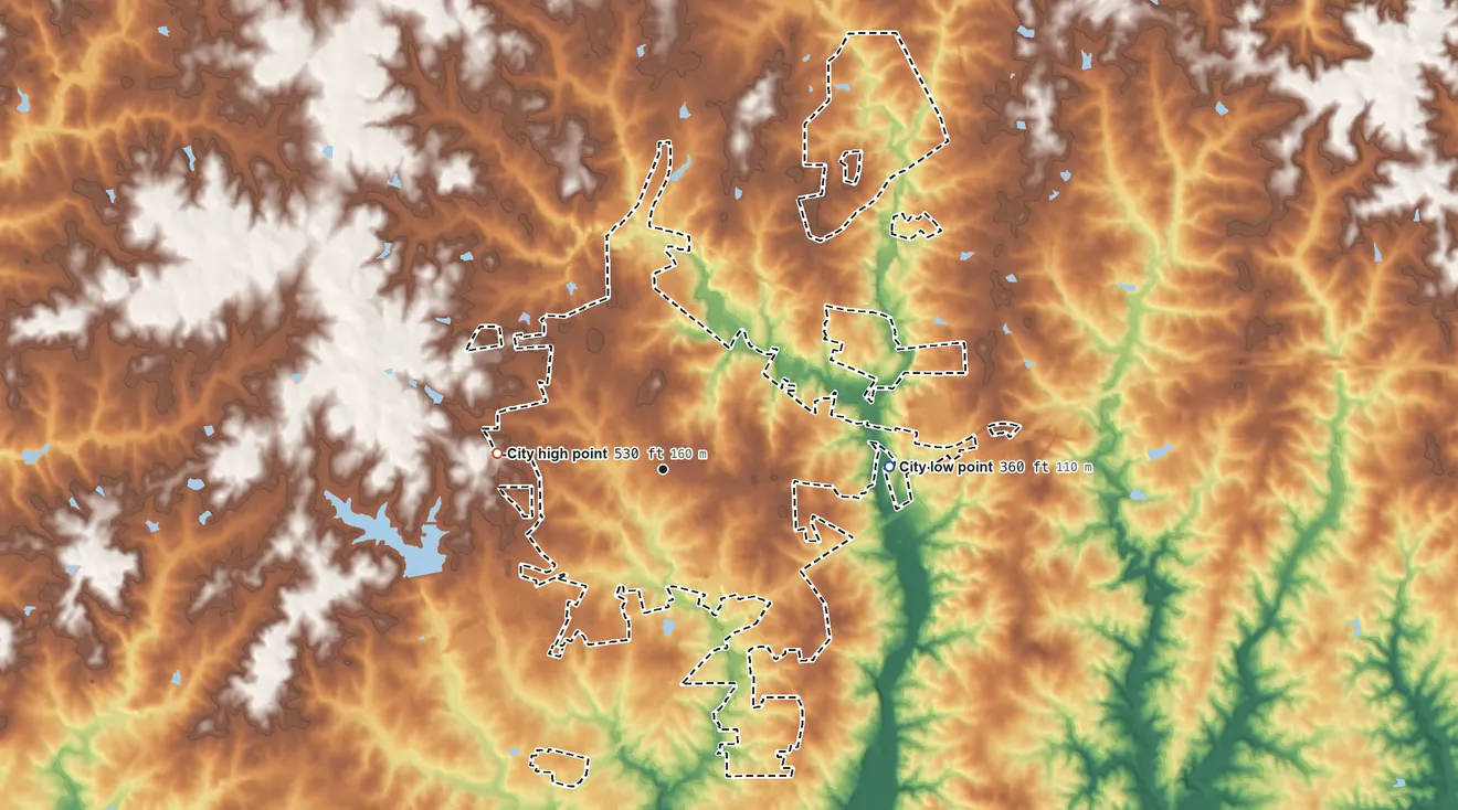 Topographic elevation map of Oxford, North Carolina, shaded from 360 ft on the east side to 530 ft on the west side