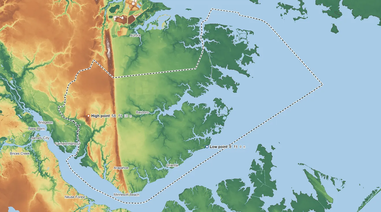 Topographic elevation map of Pamlico County, North Carolina, shaded from sea level on Gum Thicket Creek to 58 ft on the west side