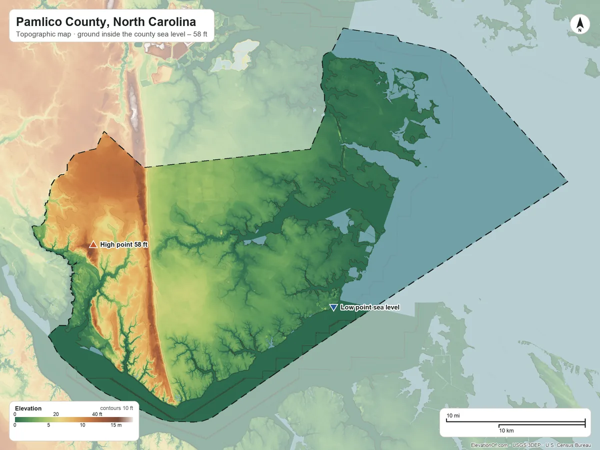 Topographic elevation map of Pamlico County, North Carolina, shaded from sea level on Gum Thicket Creek to 58 ft on the west side