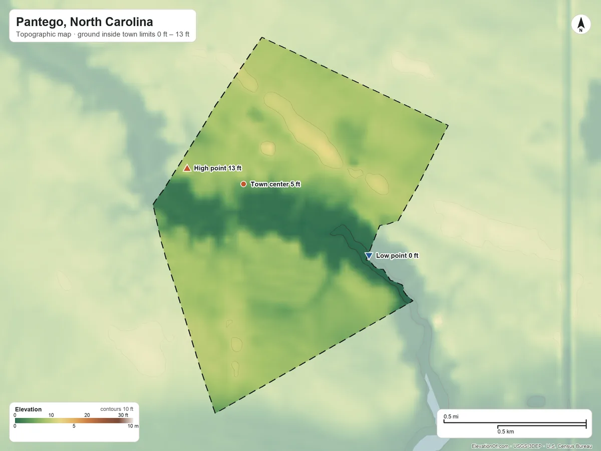 Topographic elevation map of Pantego, North Carolina, shaded from 0 ft on the southeast side to 13 ft on the west side