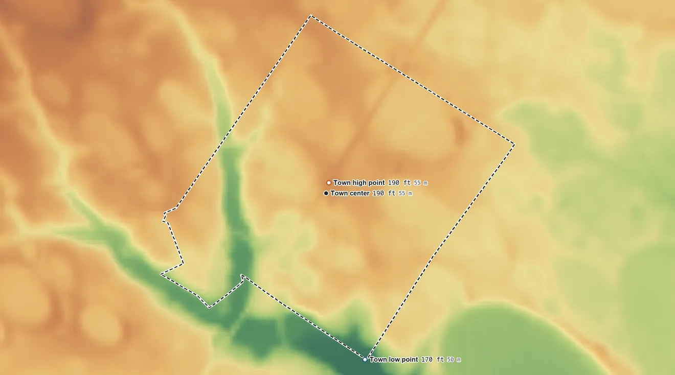 Topographic elevation map of Parkton, North Carolina, shaded from 170 ft on the south side to 190 ft near the middle