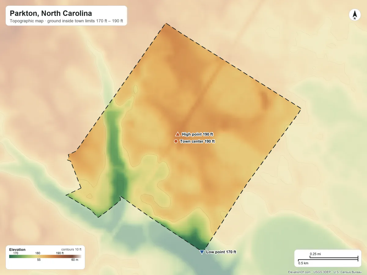 Topographic elevation map of Parkton, North Carolina, shaded from 170 ft on the south side to 190 ft near the middle