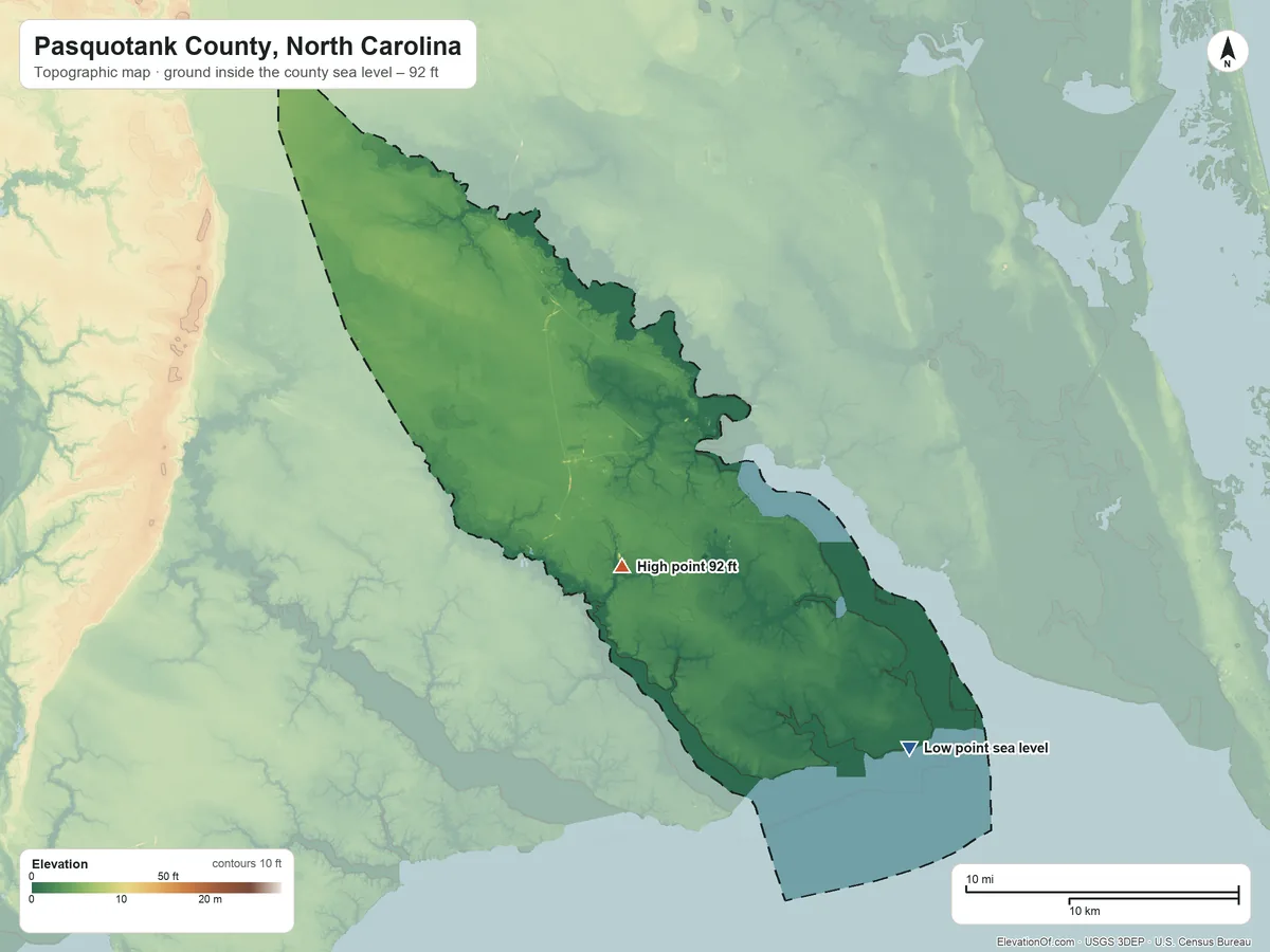 Topographic elevation map of Pasquotank County, North Carolina, shaded from sea level on Albemarle Sound to 92 ft near the middle