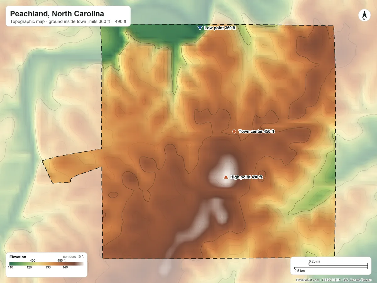 Topographic elevation map of Peachland, North Carolina, shaded from 360 ft on the north side to 490 ft on the south side