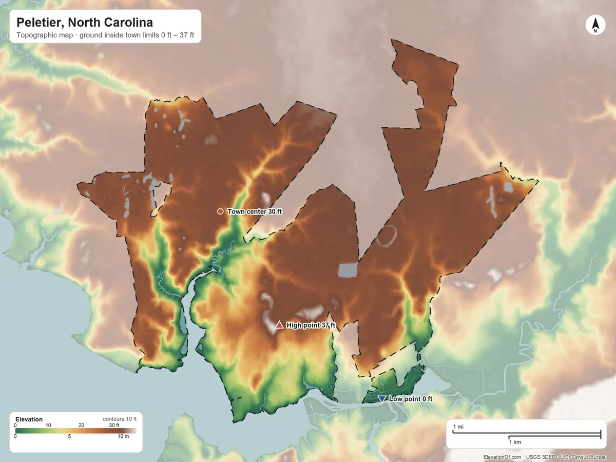 Topographic elevation map of Peletier, North Carolina, shaded from 0 ft on the southeast side to 37 ft on the southeast side
