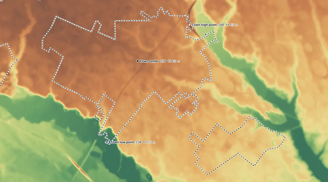 Topographic elevation map of Pembroke, North Carolina, shaded from 150 ft on the south side to 180 ft on the northeast side