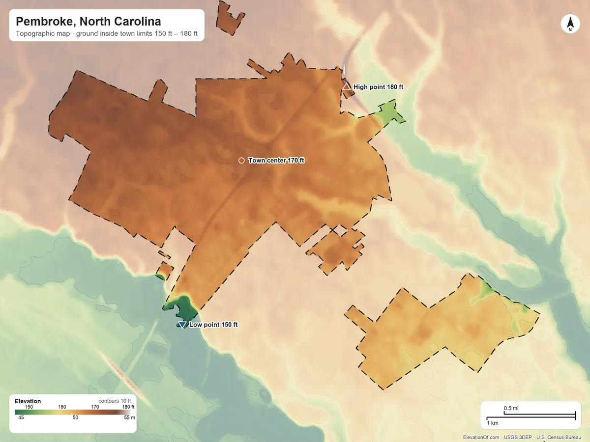 Topographic elevation map of Pembroke, North Carolina, shaded from 150 ft on the south side to 180 ft on the northeast side
