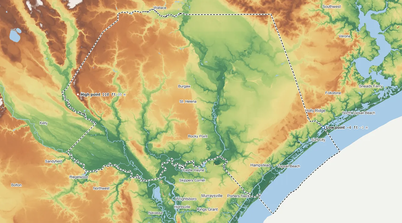 Topographic elevation map of Pender County, North Carolina, shaded from 4 ft below sea level on the east side to 110 ft on the west side