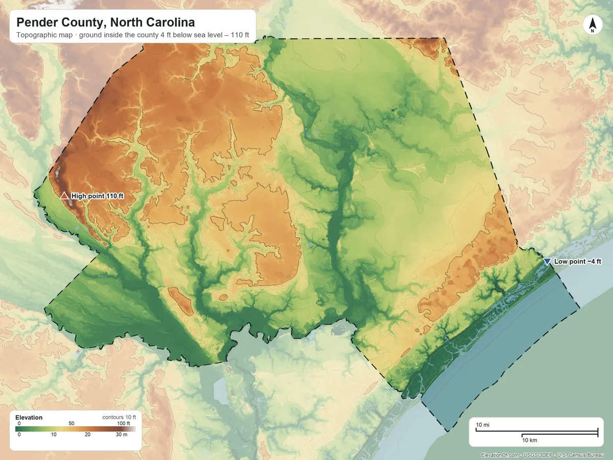 Topographic elevation map of Pender County, North Carolina, shaded from 4 ft below sea level on the east side to 110 ft on the west side