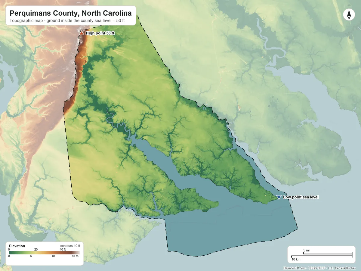 Topographic elevation map of Perquimans County, North Carolina, shaded from sea level on Albemarle Sound to 53 ft on the northwest side