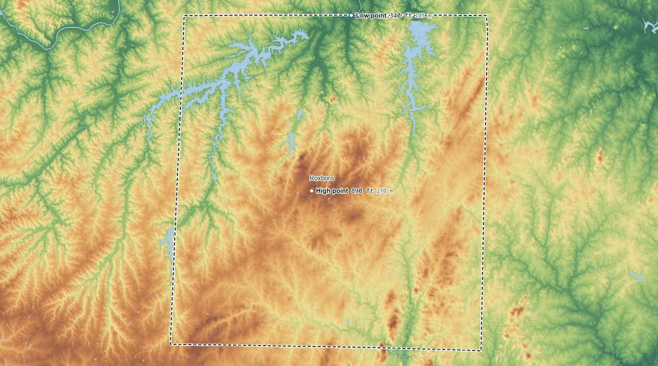 Topographic elevation map of Person County, North Carolina, shaded from 340 ft on the north side to 890 ft near the middle