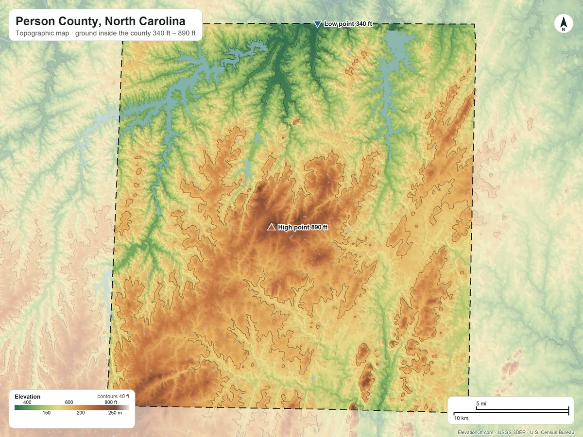 Topographic elevation map of Person County, North Carolina, shaded from 340 ft on the north side to 890 ft near the middle