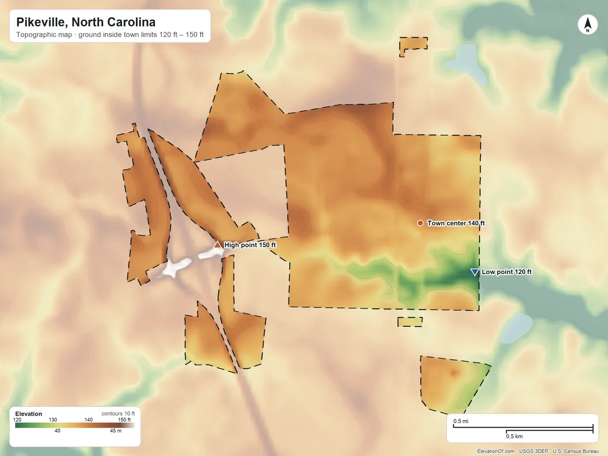 Topographic elevation map of Pikeville, North Carolina, shaded from 120 ft on the southeast side to 150 ft on the west side
