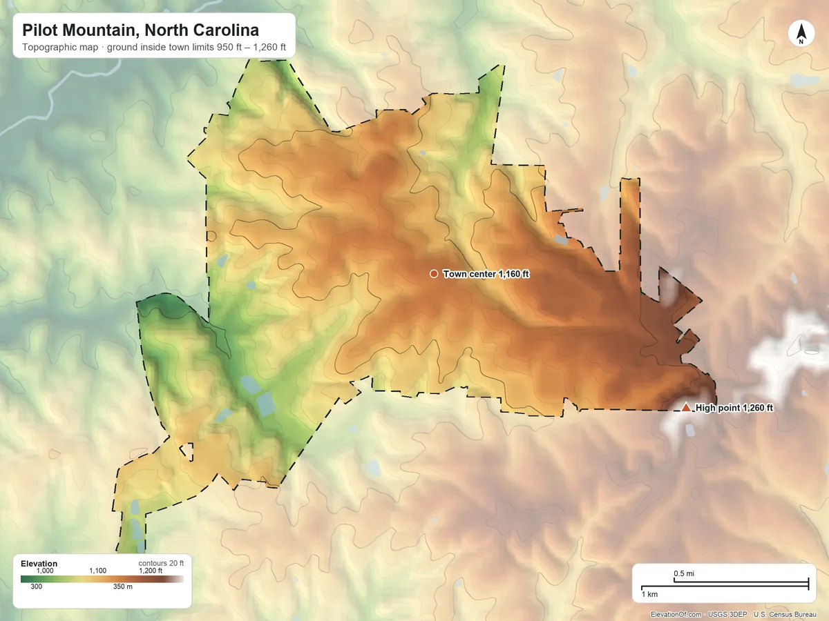 Topographic elevation map of Pilot Mountain, North Carolina, shaded from 950 ft on the west side to 1,260 ft on the southeast side