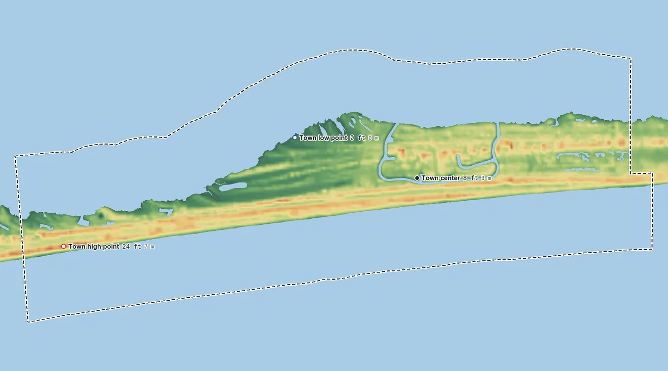 Topographic elevation map of Pine Knoll Shores, North Carolina, shaded from sea level level on Onslow Bay to 24 ft on the west side