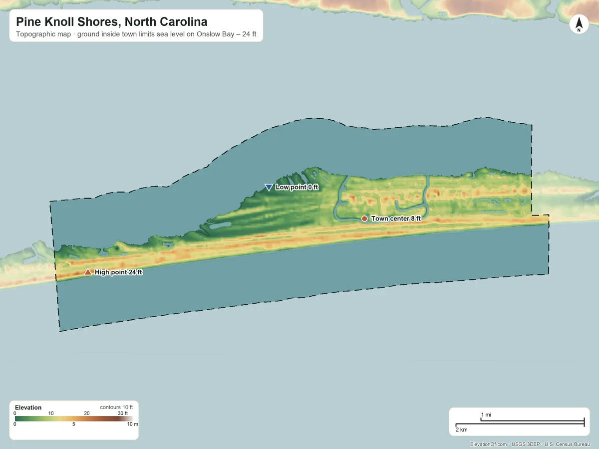 Topographic elevation map of Pine Knoll Shores, North Carolina, shaded from sea level level on Onslow Bay to 24 ft on the west side