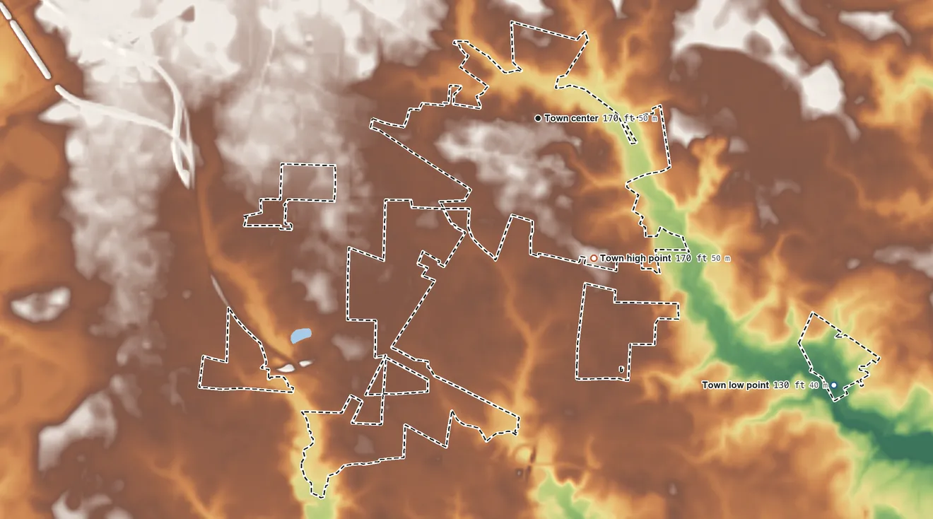 Topographic elevation map of Pine Level, North Carolina, shaded from 130 ft on the southeast side to 170 ft on the south side