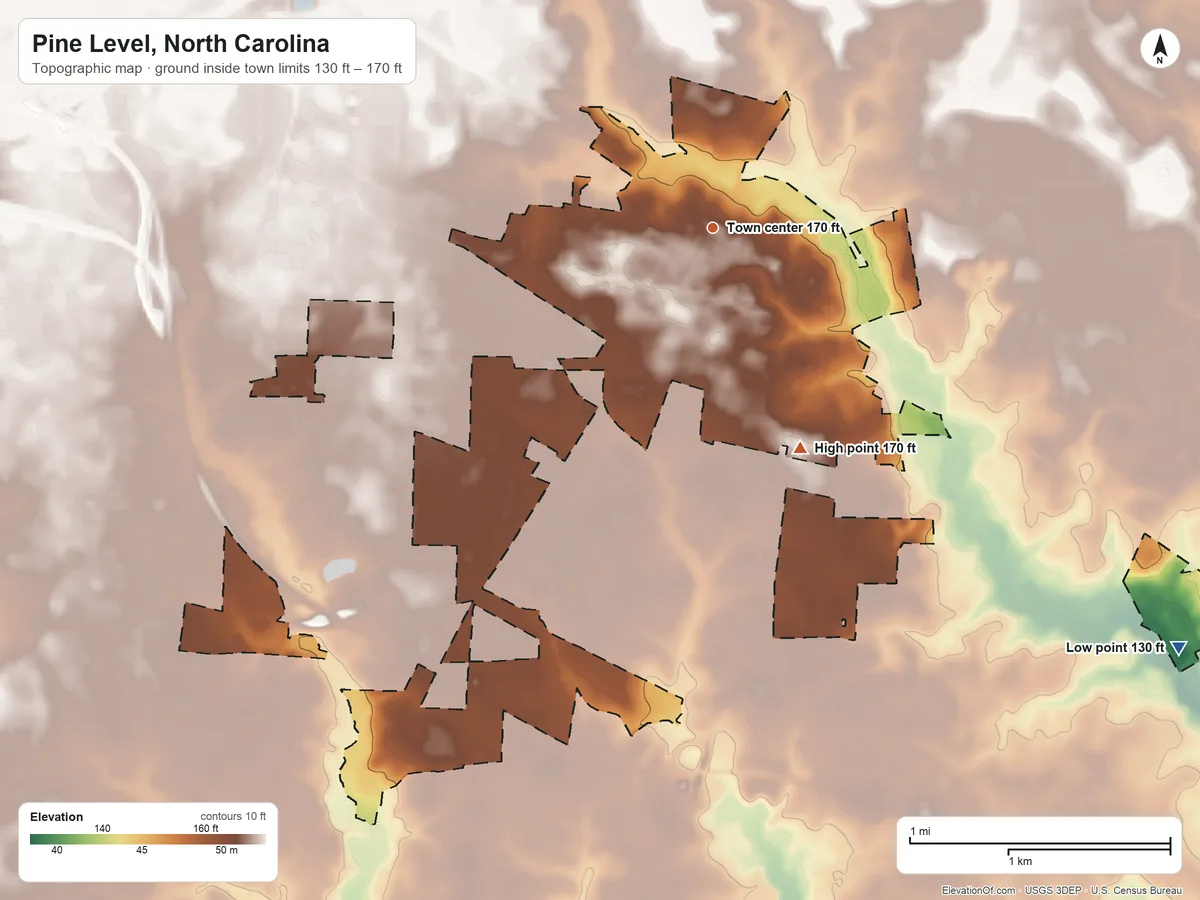 Topographic elevation map of Pine Level, North Carolina, shaded from 130 ft on the southeast side to 170 ft on the south side