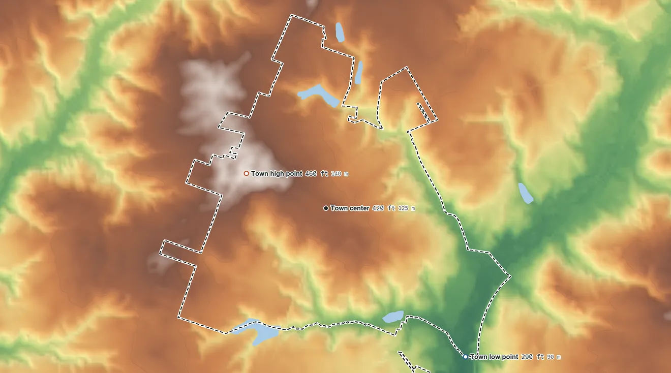 Topographic elevation map of Pinebluff, North Carolina, shaded from 290 ft on the southeast side to 460 ft on the northwest side