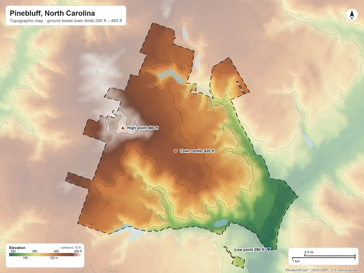 Topographic elevation map of Pinebluff, North Carolina, shaded from 290 ft on the southeast side to 460 ft on the northwest side