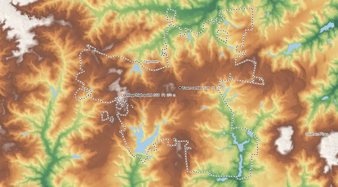 Topographic elevation map of Pinehurst, North Carolina, shaded from 330 ft on the northeast side to 560 ft on the west side