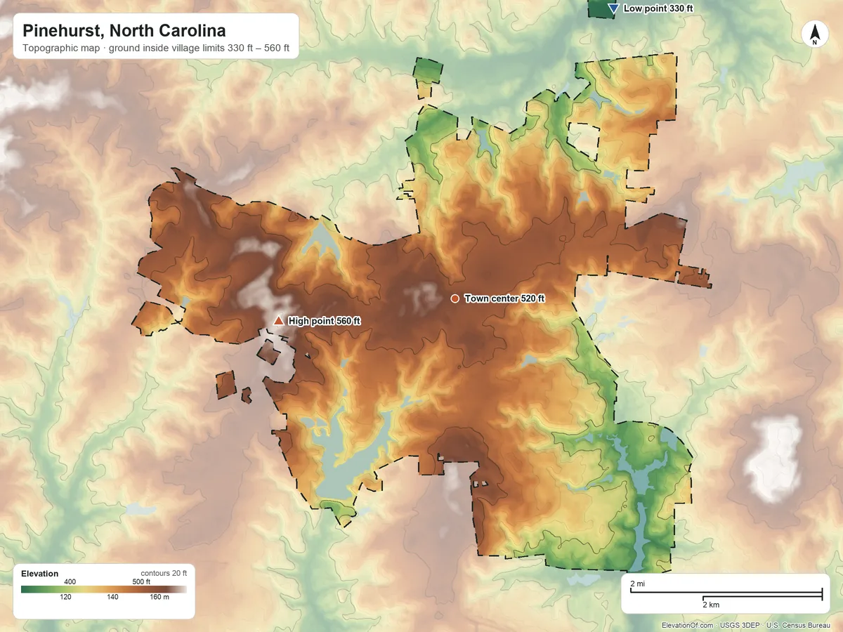 Topographic elevation map of Pinehurst, North Carolina, shaded from 330 ft on the northeast side to 560 ft on the west side