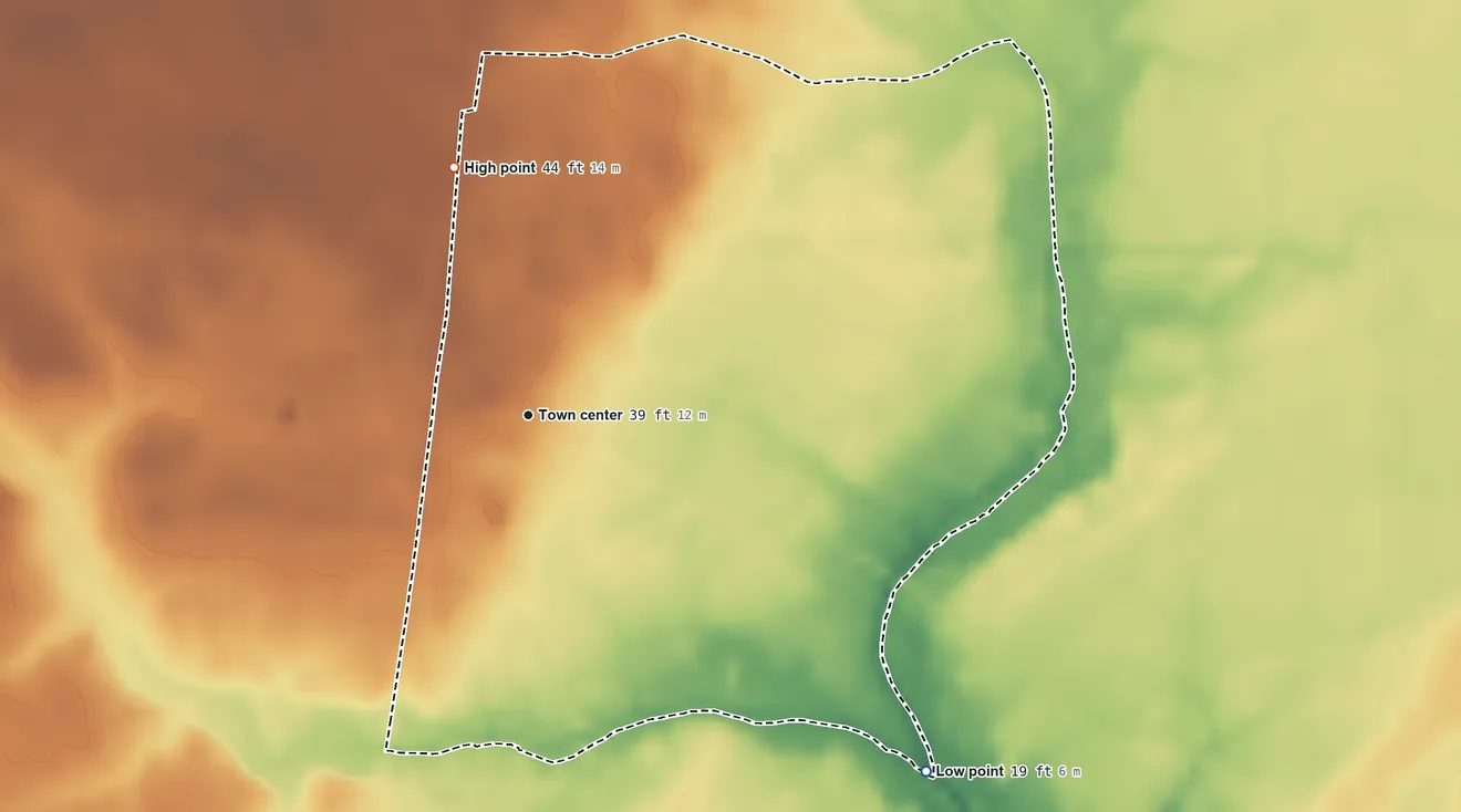 Topographic elevation map of Pinetown, North Carolina, shaded from 19 ft on the southeast side to 44 ft on the north side