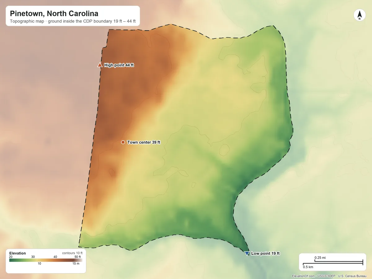 Topographic elevation map of Pinetown, North Carolina, shaded from 19 ft on the southeast side to 44 ft on the north side