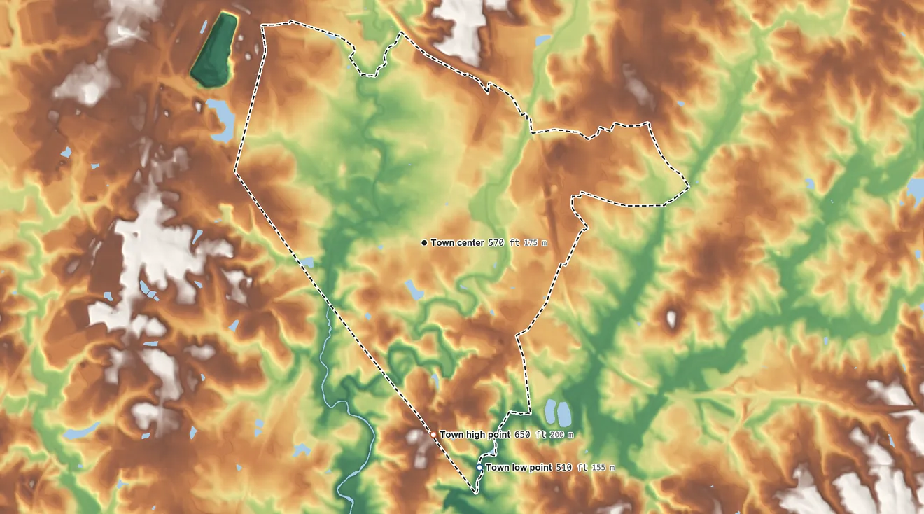 Topographic elevation map of Pineville, North Carolina, shaded from 510 ft on the south side to 650 ft on the south side