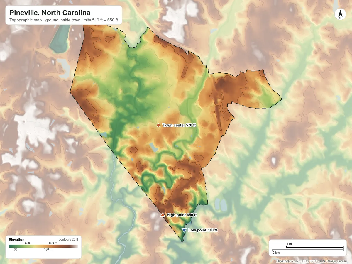 Topographic elevation map of Pineville, North Carolina, shaded from 510 ft on the south side to 650 ft on the south side