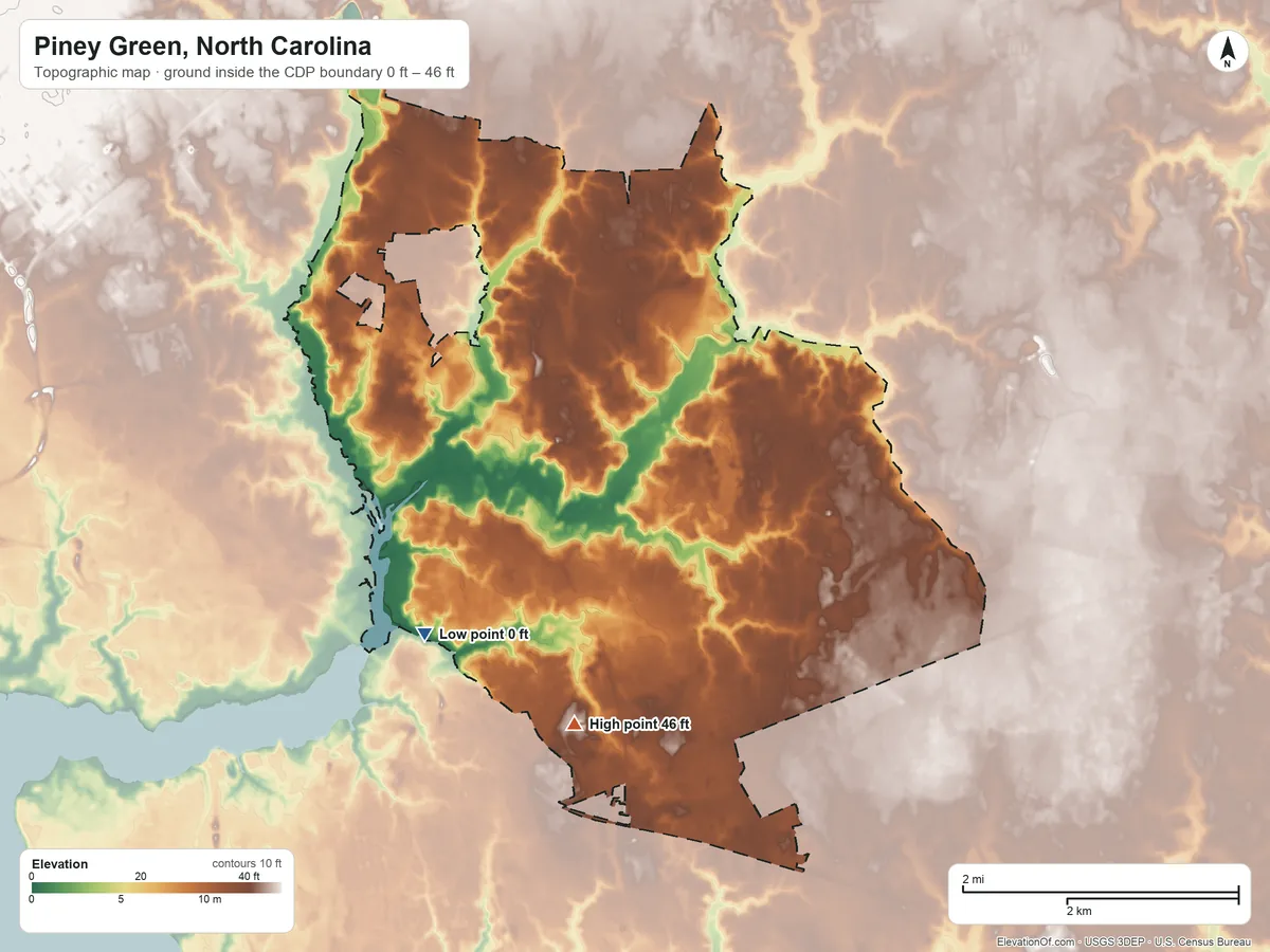 Topographic elevation map of Piney Green, North Carolina, shaded from 0 ft on the southwest side to 46 ft on the south side