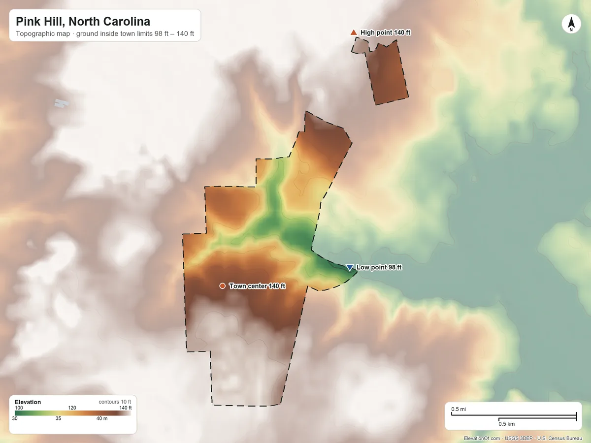Topographic elevation map of Pink Hill, North Carolina, shaded from 98 ft on the east side to 140 ft on the northeast side