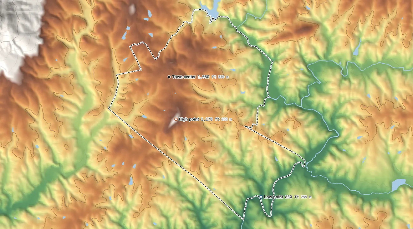 Topographic elevation map of Pinnacle, North Carolina, shaded from 830 ft on the southeast side to 1,170 ft on the south side