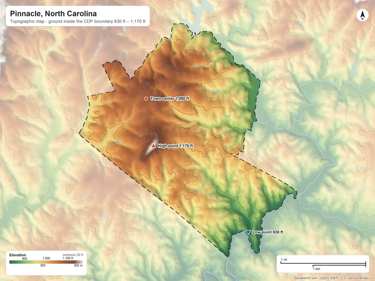 Topographic elevation map of Pinnacle, North Carolina, shaded from 830 ft on the southeast side to 1,170 ft on the south side