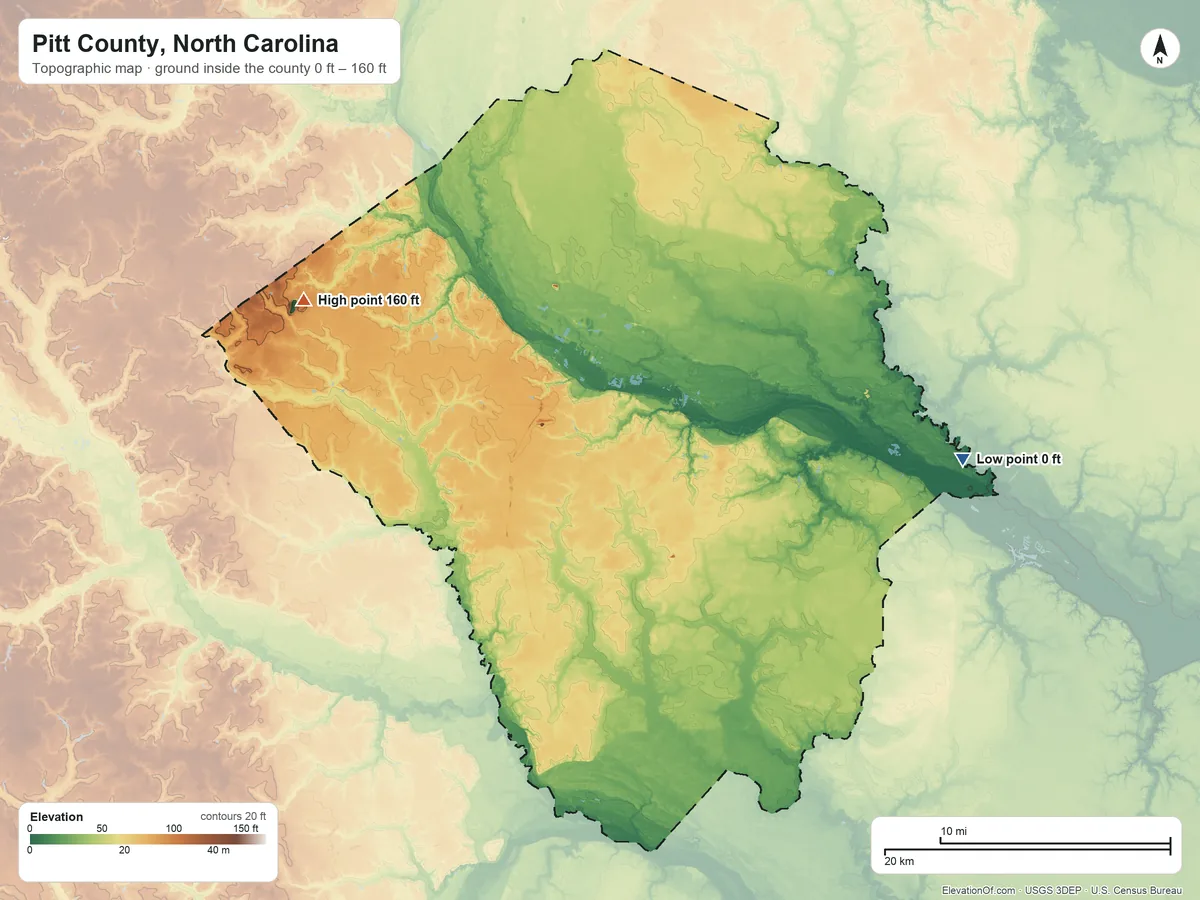 Topographic elevation map of Pitt County, North Carolina, shaded from 0 ft on the east side to 160 ft on the northwest side