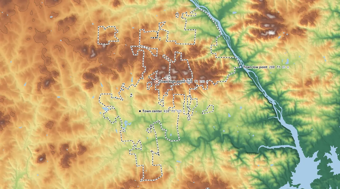 Topographic elevation map of Pittsboro, North Carolina, shaded from 280 ft on the northeast side to 620 ft on the northeast side