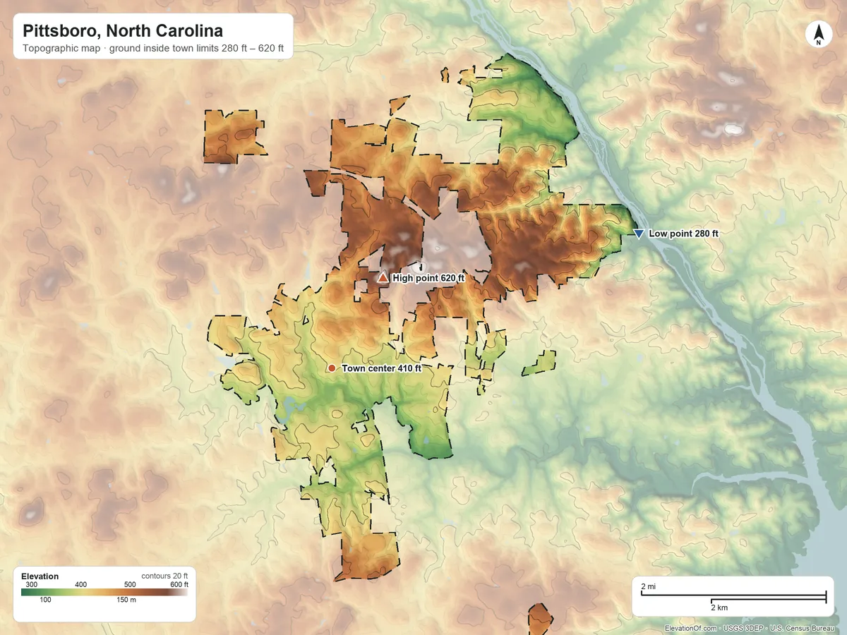 Topographic elevation map of Pittsboro, North Carolina, shaded from 280 ft on the northeast side to 620 ft on the northeast side