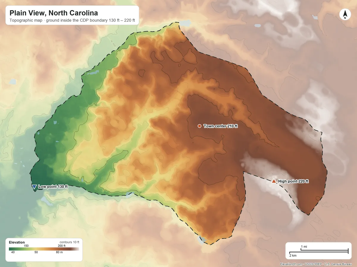 Topographic elevation map of Plain View, North Carolina, shaded from 130 ft on the west side to 220 ft on the southeast side