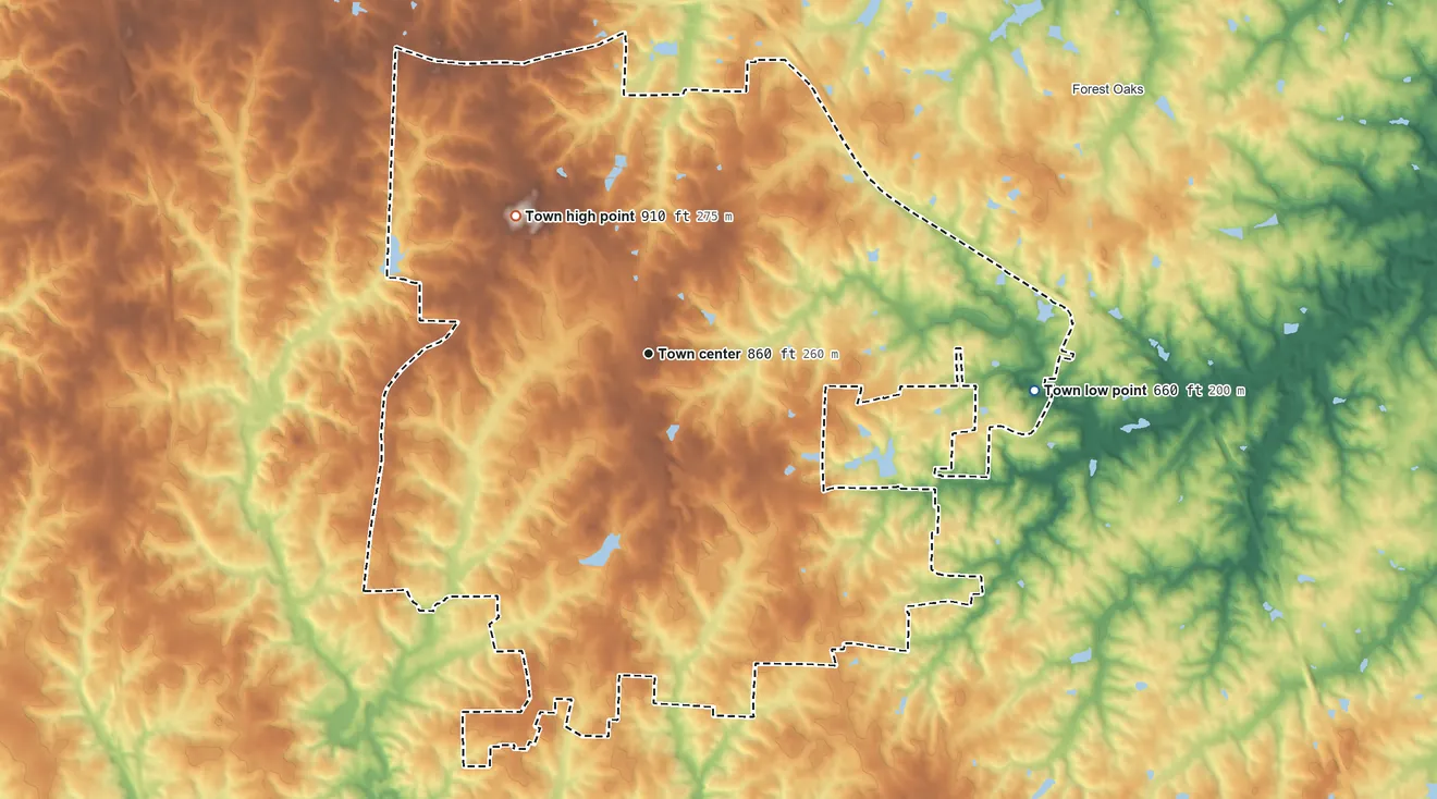 Topographic elevation map of Pleasant Garden, North Carolina, shaded from 660 ft on the east side to 910 ft on the northwest side