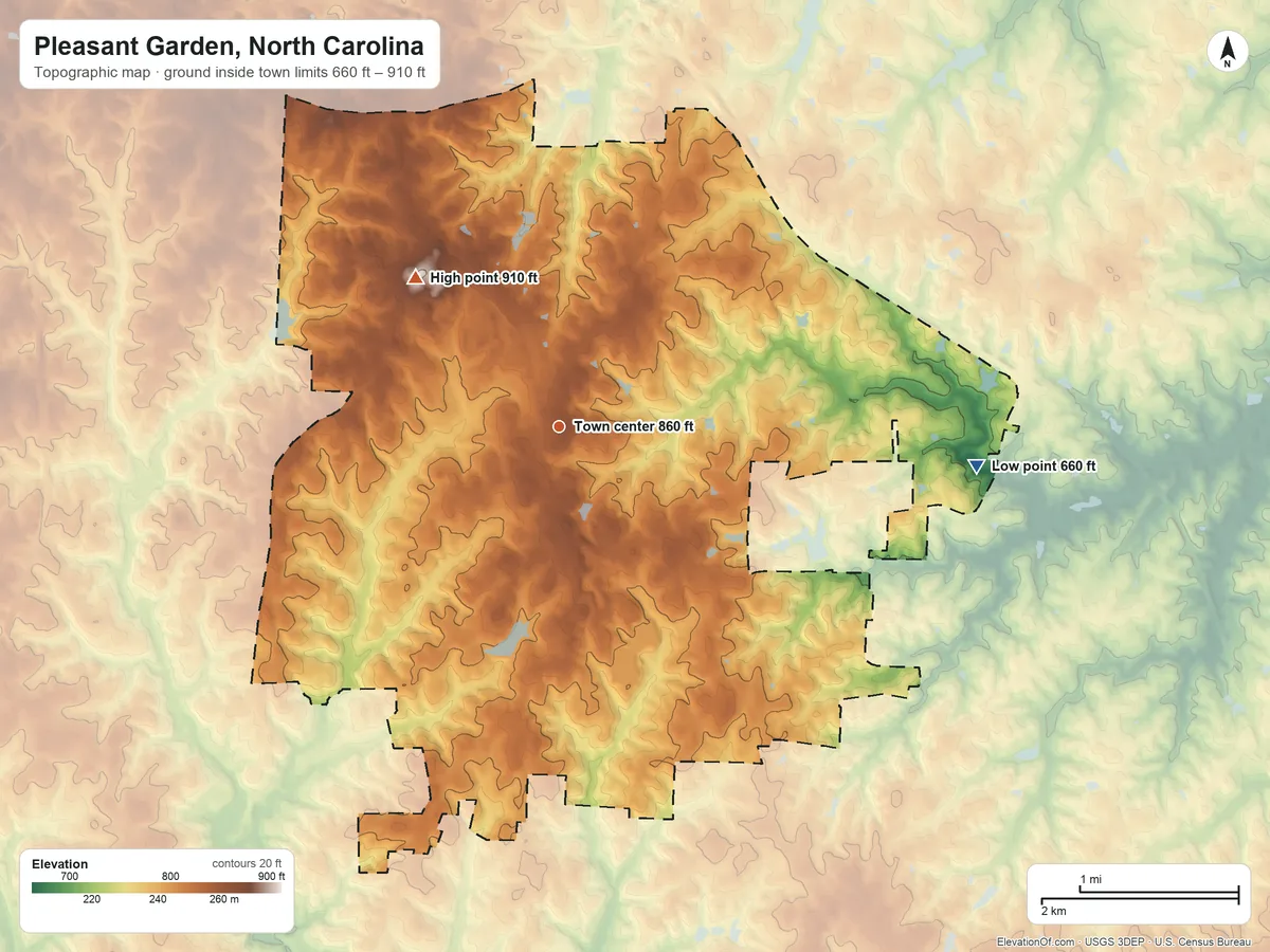 Topographic elevation map of Pleasant Garden, North Carolina, shaded from 660 ft on the east side to 910 ft on the northwest side