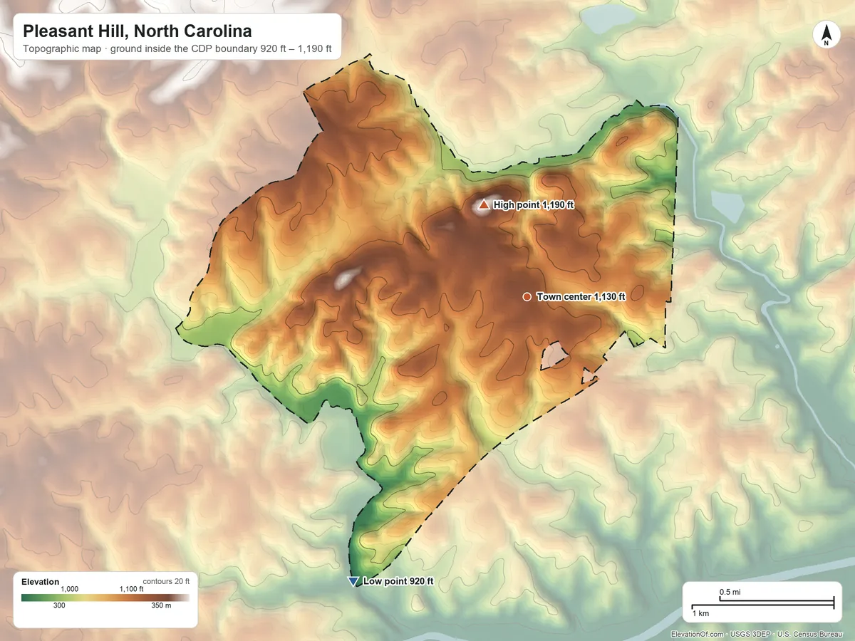 Topographic elevation map of Pleasant Hill, North Carolina, shaded from 920 ft on the southwest side to 1,190 ft on the northwest side