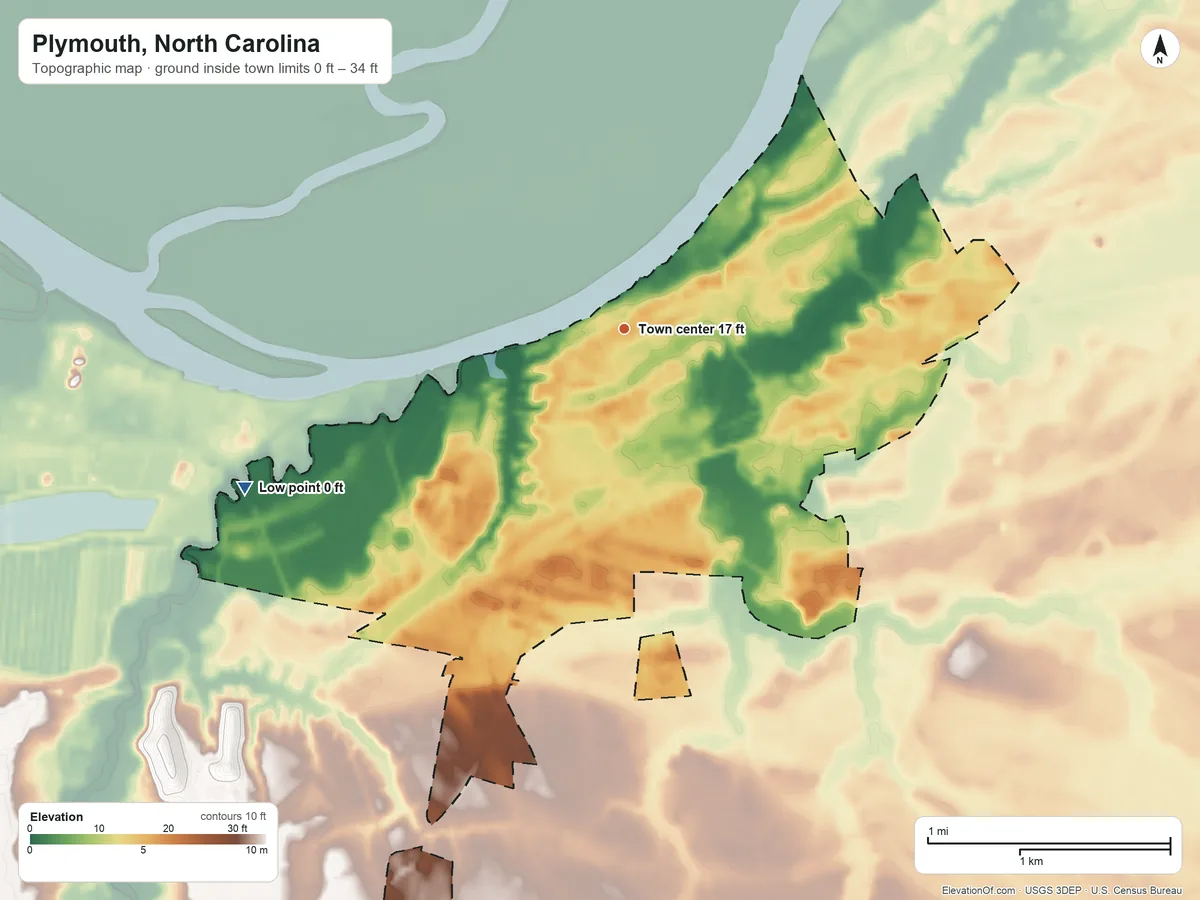 Topographic elevation map of Plymouth, North Carolina, shaded from 0 ft on the southwest side to 34 ft on the south side