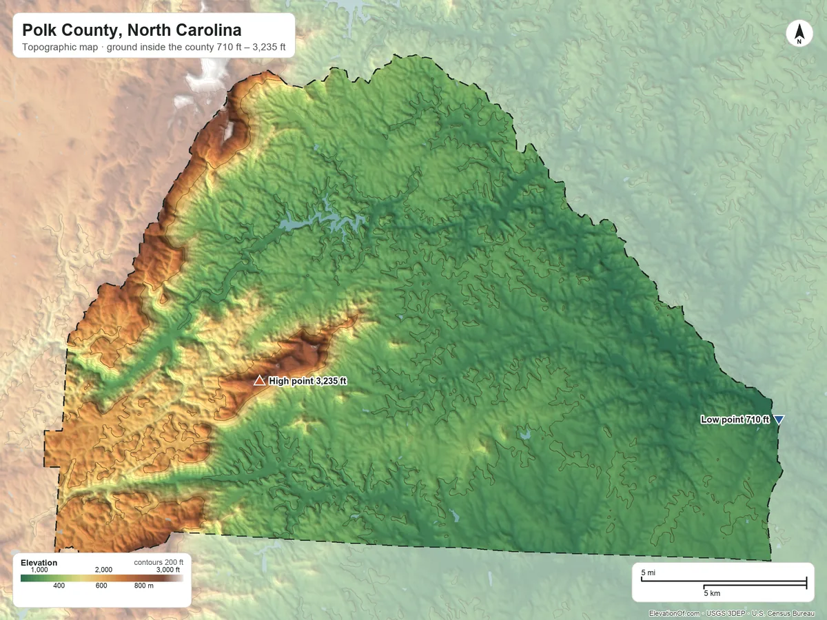 Topographic elevation map of Polk County, North Carolina, shaded from 710 ft on the east side to 3,235 ft on Tryon Peak