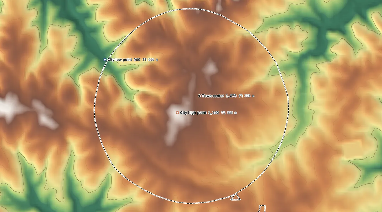 Topographic elevation map of Polkville, North Carolina, shaded from 960 ft on the west side to 1,100 ft on the southwest side
