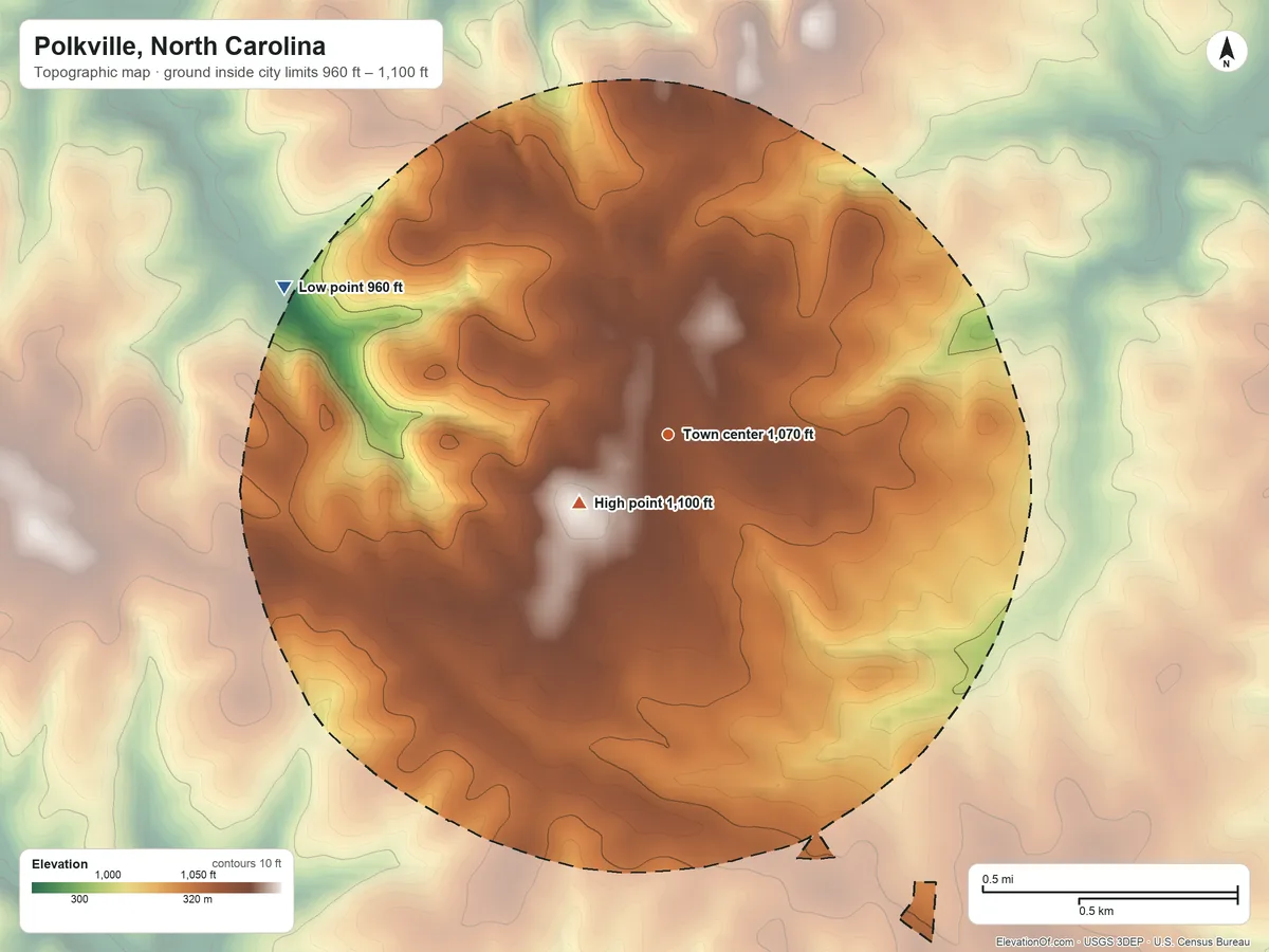 Topographic elevation map of Polkville, North Carolina, shaded from 960 ft on the west side to 1,100 ft on the southwest side