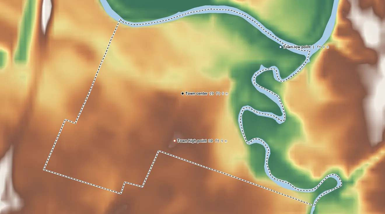 Topographic elevation map of Pollocksville, North Carolina, shaded from 1 ft on the northeast side to 30 ft on the south side